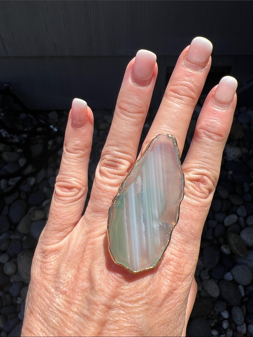 Striped Agate Statement Ring with Gold Edge